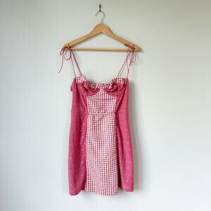 Urban Outfitters Felicity Eyelet Bustier Gingham Print Mini Dress Pink L NWT